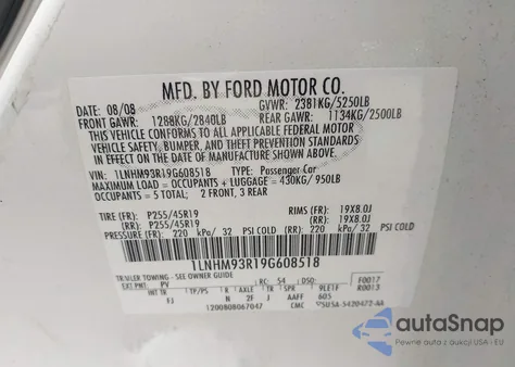 2009 Lincoln Mks from USA, damaged, VIN 1LNHM93R19G608518